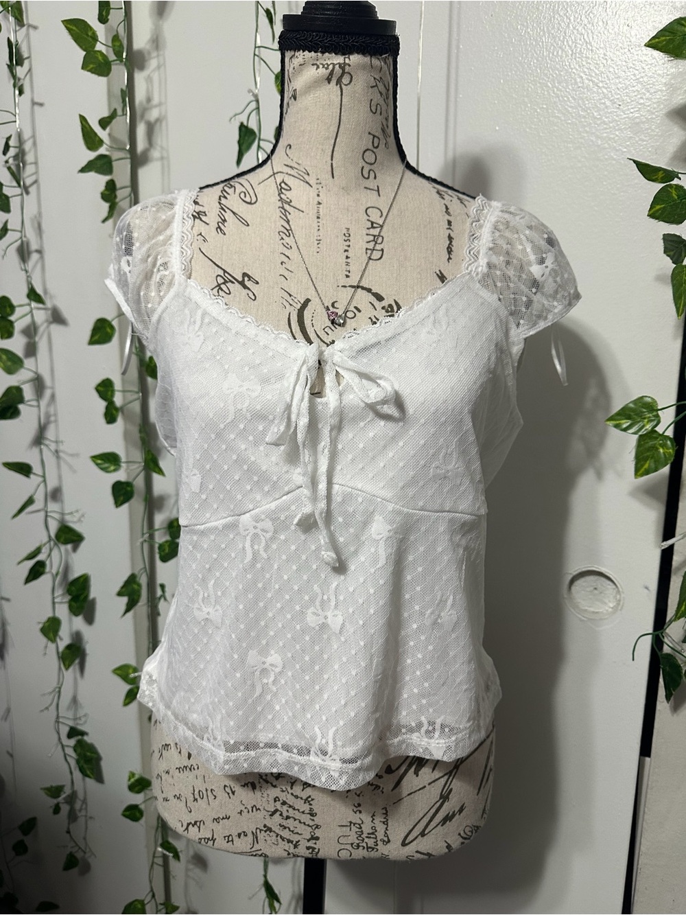 Pink Rose White Sheer Lace Tie-Neck Blouse